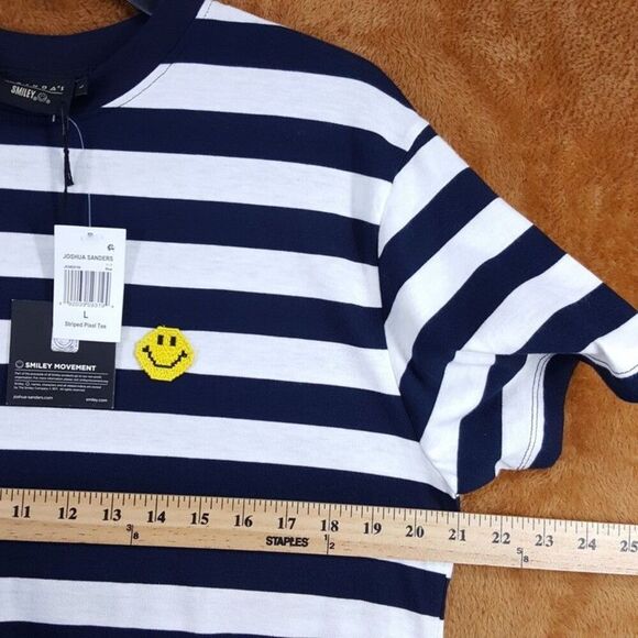 JOSHUA SANDERS Shirt Mens Large Navy White Stripe Smiley Face Pixel Tee $156 - Picture 5 of 7